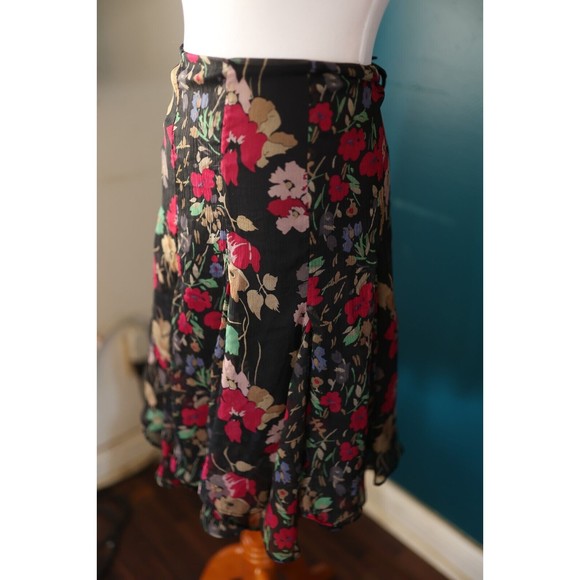 Lauren Ralph Lauren 200587576001 Black Floral Print Chiffon Godet Skirt Size 12 - Picture 7 of 9
